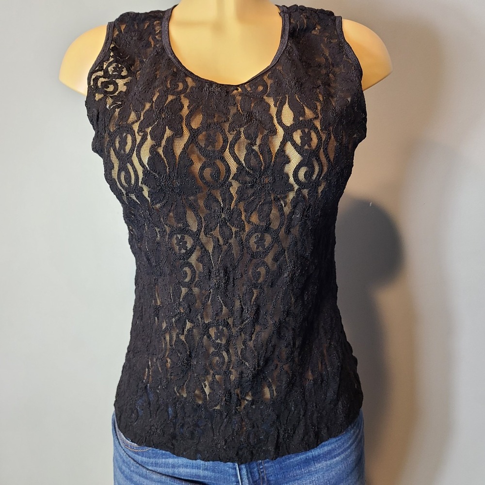 Vtg Y2K Sheer Stretchy Lace Dainty Black Fairy Goth Top Sz L 90s‎ Floral Grunge